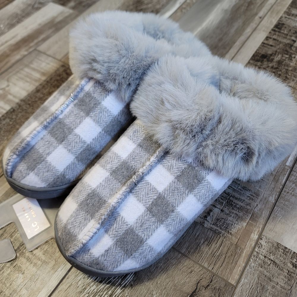 New Lauren Conrad Cozy Plaid Faux Fur Clog Slippers Size Small 6-7